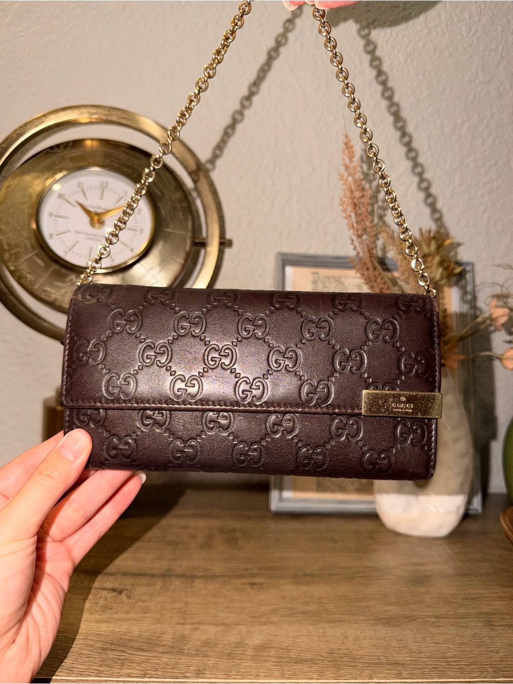 Gucci Dark Brown Leather with Guccissima Embossed design and Gold Hardware